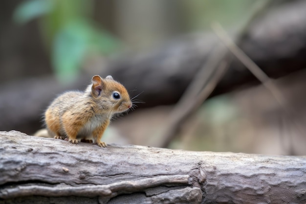 Bébé écureuil perché sur une branche d'arbre tombée regardant le monde passer créé avec une IA générative