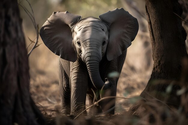 Un bébé éléphant curieux explorant son environnement avec sa trompe