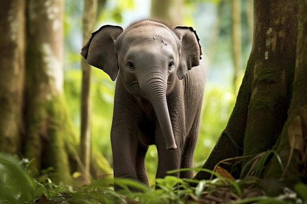 un bébé éléphant dans les bois avec un arbre en arrière-plan