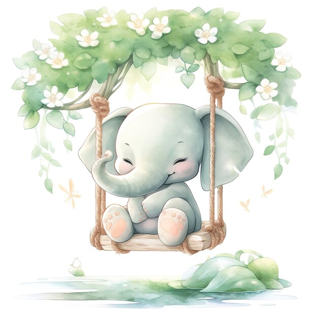 Photo bébé éléphant mignon et heureux sur des balançoires dans l'arbre en aquarelle