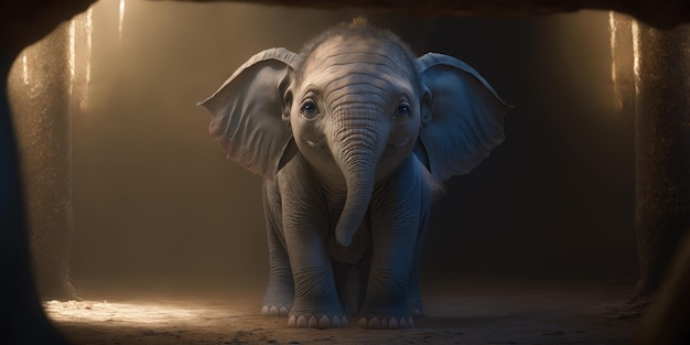 Un bébé éléphant se tient devant une lumière qui dit "éléphant"