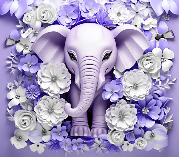 Bébé éléphant violet pastel 3D avec fond floral