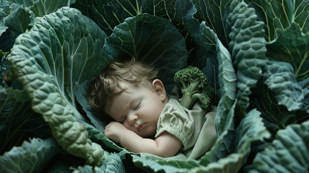 un bébé endormi dans un grand légume à feuilles vertes