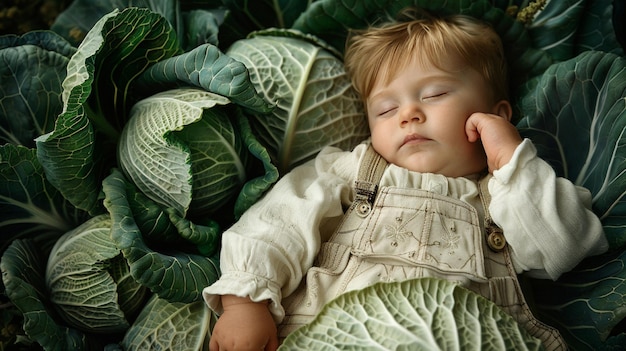 Photo un bébé endormi dans un tas de feuilles avec un bébé qui dort