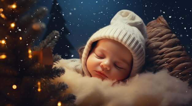 Un bébé endormi sous les lumières de l'arbre de Noël