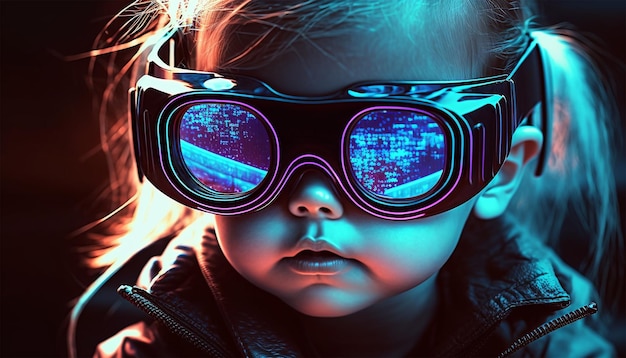 bébé enfants lunettes VR style de mode futuriste dans la rue néon lumière AI générative