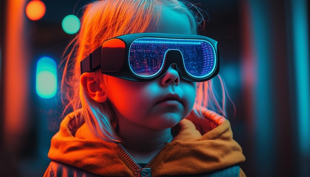 bébé enfants lunettes VR style de mode futuriste dans la rue néon lumière AI générative