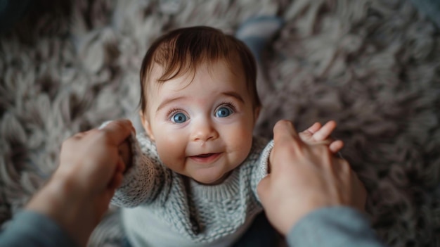 Un bébé enjoué tend les mains pour saisir le doigt d'un parent, formant une connexion adorable.