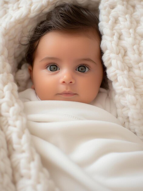 Photo un bébé enveloppé dans une couverture avec une couverture blanche