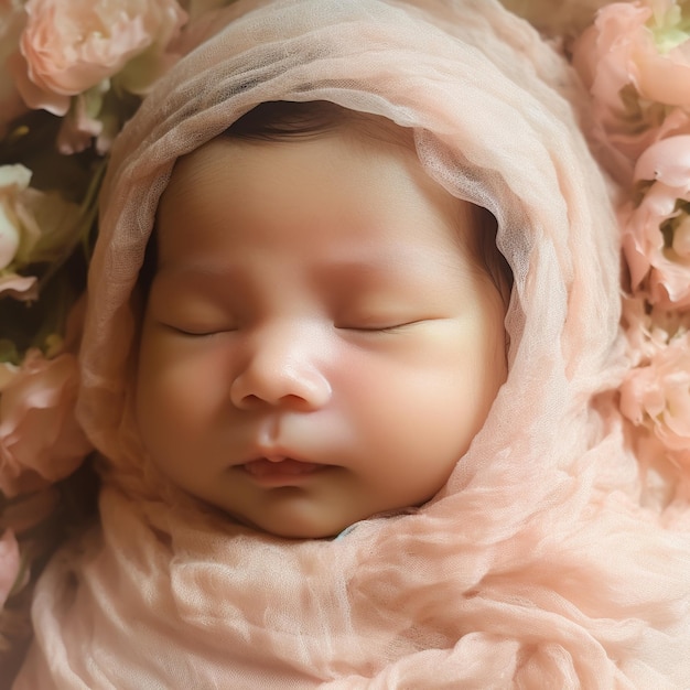 un bébé enveloppé dans une couverture avec un foulard rose autour de la tête.