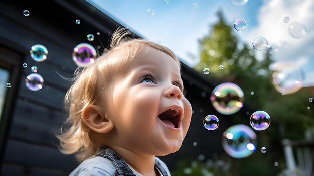 Photo bébé essayant d'attraper des bulles flottant dans l'air