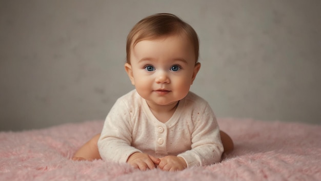 un bébé est allongé sur une couverture rose avec un œil bleu