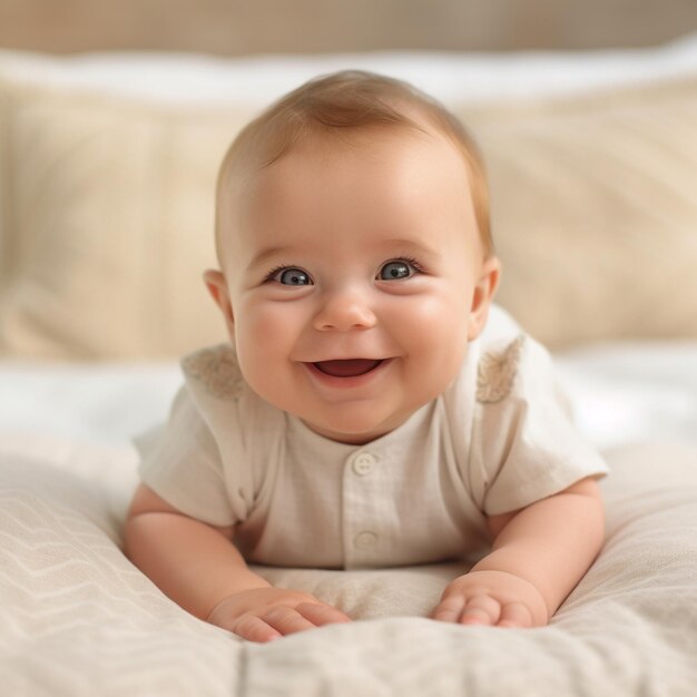 un bébé est allongé sur un lit avec une chemise blanche qui dit quot happy smiling quot