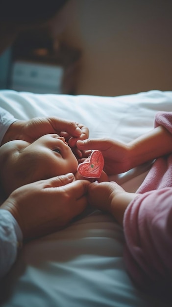 un bébé est allongé sur un lit avec un coeur en forme de coeur dessus.