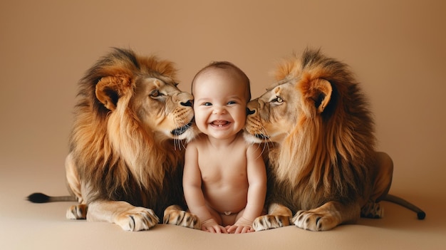 Un bébé est allongé sur le sol entre deux lions.