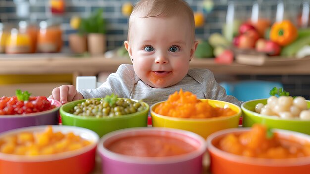 Un bébé est assis à côté de bols de nourriture colorés