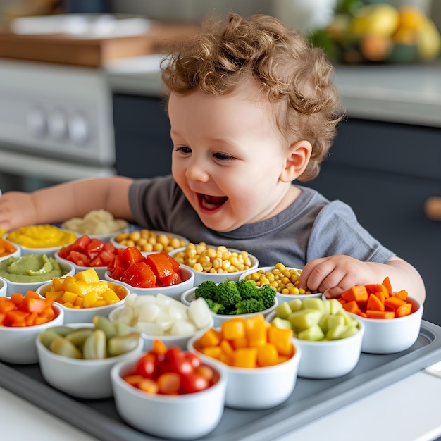 Un bébé est assis devant un plateau de nourriture.