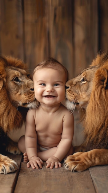 Un bébé est assis entre deux lions et embrasse l'un de leurs visages.