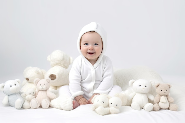 Un bébé est assis sur un lit avec un tas d'ours en peluche blancs.