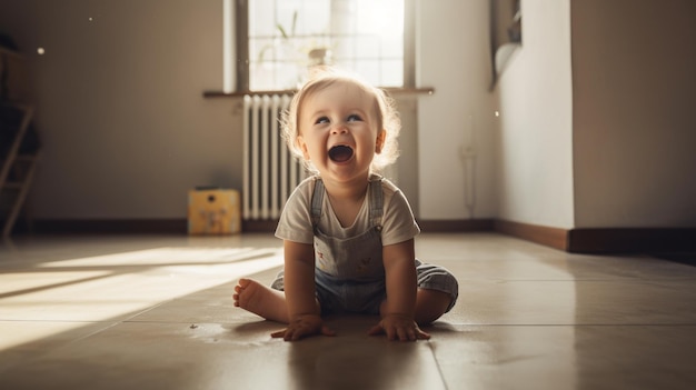 Un bébé est assis par terre et rit.