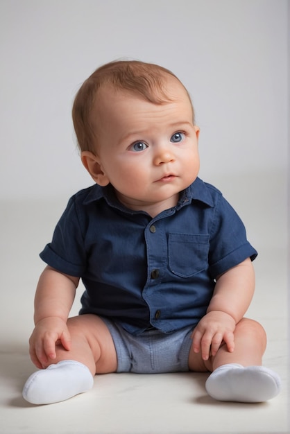 un bébé est assis sur une surface blanche avec une chemise bleue