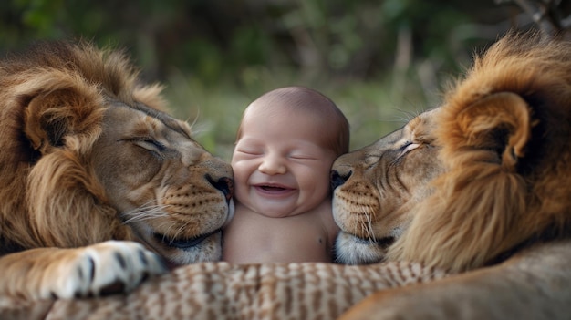 Un bébé est embrassé par deux lions.