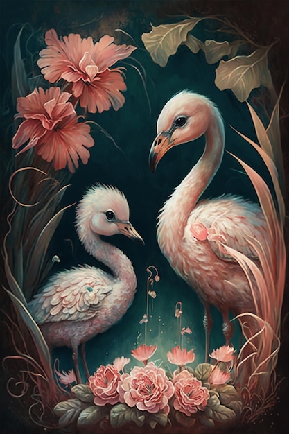 Bébé flamants roses et fleurs une peinture détaillée ultrafine