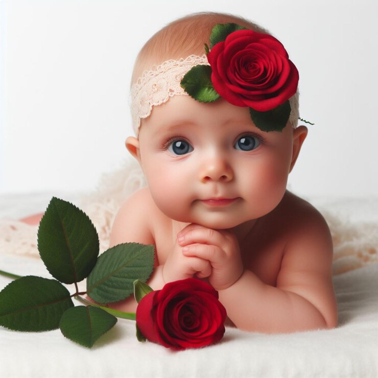 Photo un bébé avec une fleur sur la tête et une rose rouge au milieu