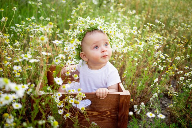 Un bébé en fleurs sur un champ de camomille en été dans une robe blanche et une couronne sur la tête