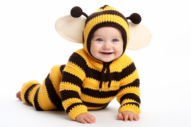 Bébé Garçon En Grenouillère Tricotée Confortable En Forme D'abeille Sur  Blanc