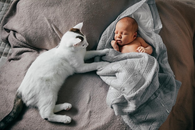 Bébé garçon nouveau-né dormant avec un chat