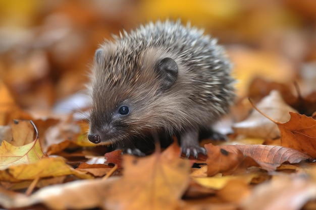 Bébé hérisson faisant ses premiers pas dans un tas de feuilles d'automne créées avec une IA générative