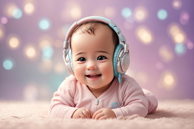 Un bébé heureux de 3 mois avec des écouteurs écoutant de la musique générative par IA