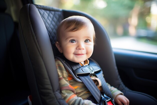 Photo un bébé heureux dans le siège de sécurité de la voiture