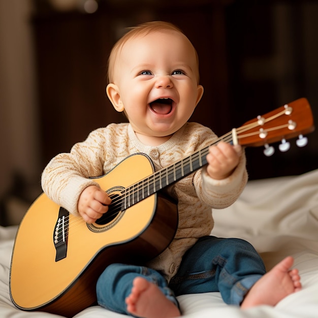 Bébé heureux jouant de la guitare et diffusant des sourires