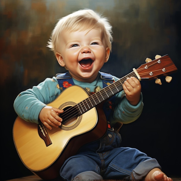 Bébé heureux jouant de la guitare et diffusant des sourires