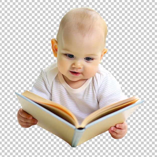 Un bébé heureux qui lit un livre.