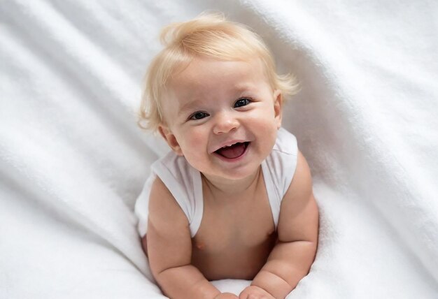 Un bébé heureux et souriant avec des cheveux blonds allongé sur une couverture blanche