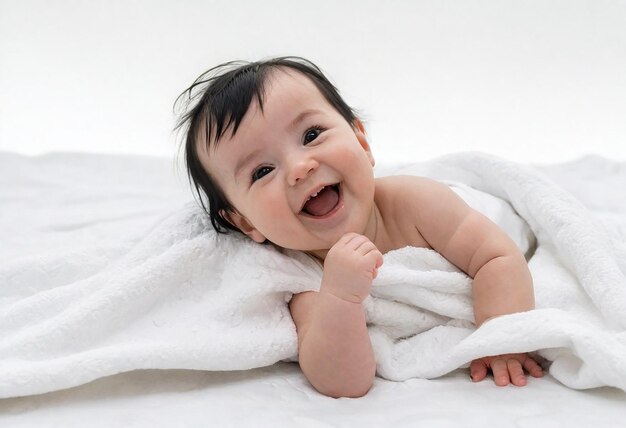 Un bébé heureux et souriant avec des cheveux blonds allongé sur une couverture blanche