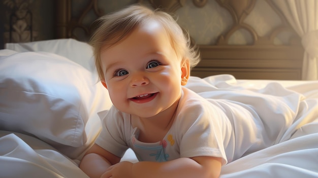 Un bébé heureux et souriant est allongé sur le lit créé avec la technologie de l'IA générative.