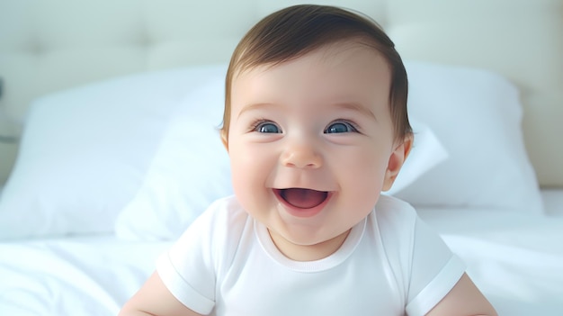 Un bébé heureux et souriant est allongé sur le lit créé avec la technologie de l'IA générative.