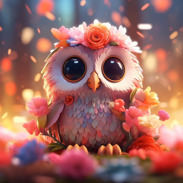 Un bébé hibou super mignon en 3D aux couleurs vives