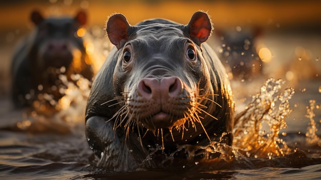 Le bébé hippopotame est effrayé.