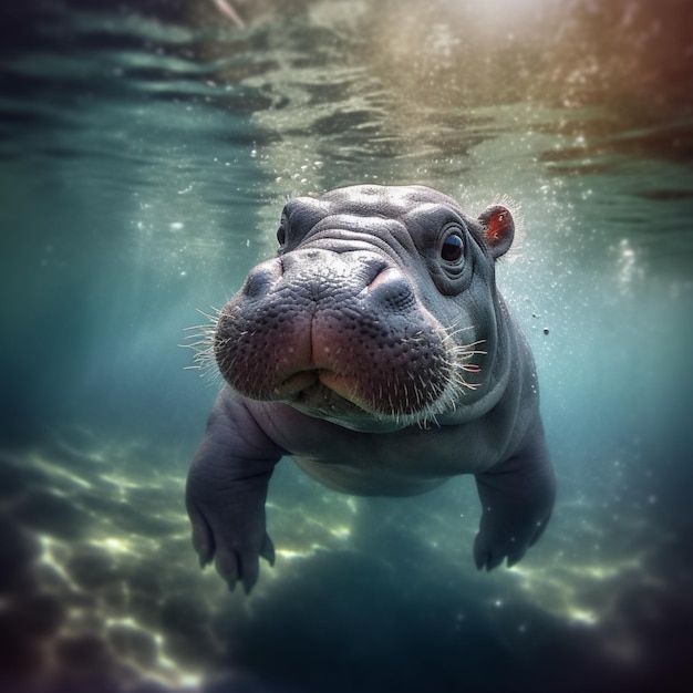 Un bébé hippopotame nage sous l'eau avec son nez dans l'eau.