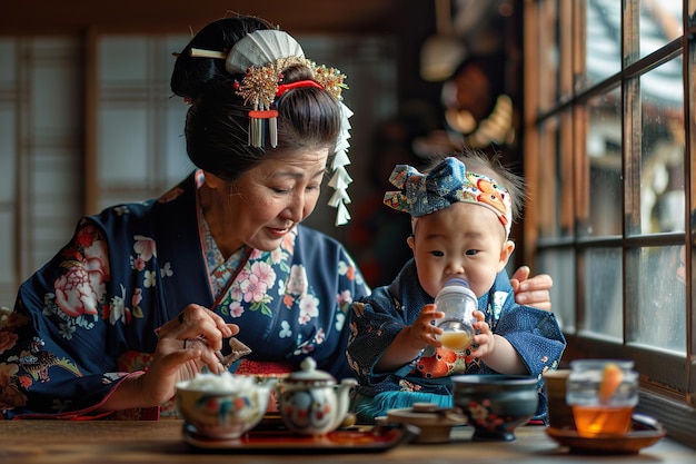 Bébé japonais nourrissant du lait de bouteille avec un parent