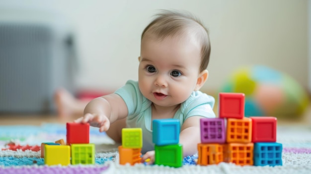 Un bébé jouant avec des blocs colorés et les empilant