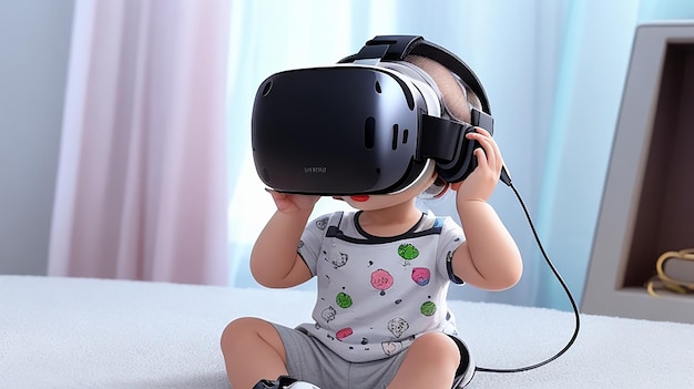 Bébé jouant avec des casques VR Metaverse et Future Technology