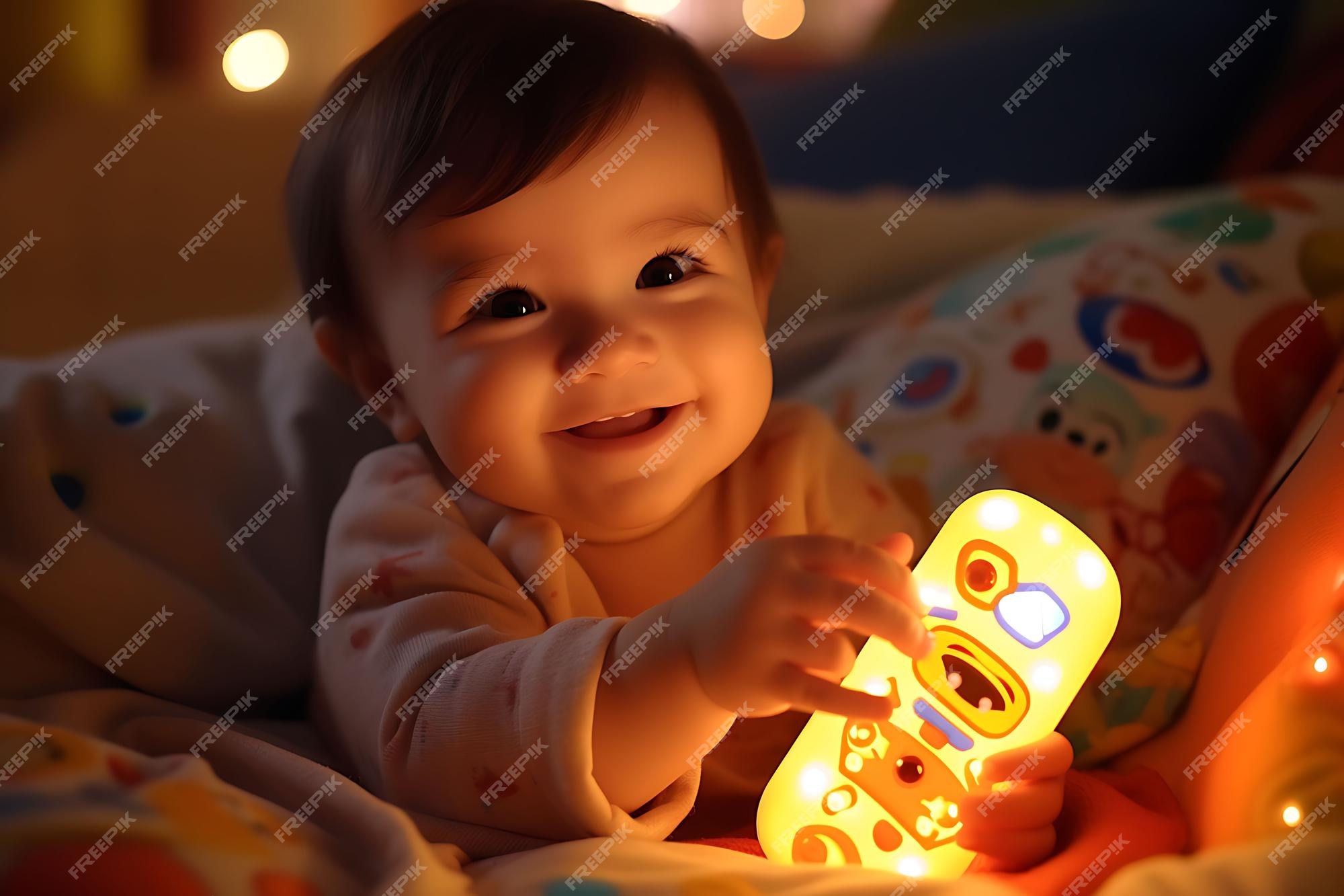 Un Bébé Jouant Avec Un Téléphone Jouet Amusé Et Roucoulant Coloré