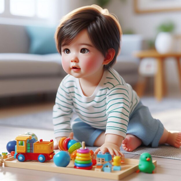 un bébé jouant avec un train de jouets sur le sol