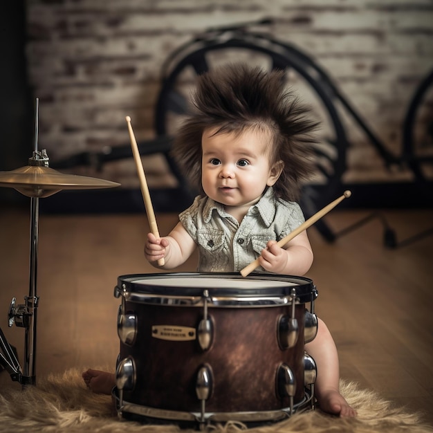 Un bébé joue de la batterie